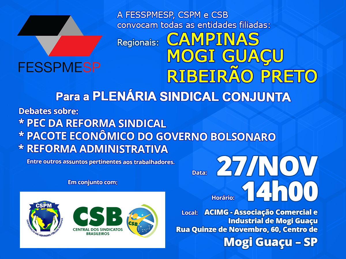 FESSPMESP convoca para Plenária Sindical Conjunta: Regional de Campinas, Mogi Guaçu e Ribeirão Preto