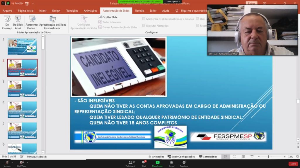 Reunião semanal virtual da direção FESSPMESP e sindicatos filiados com palestra de Cláudio Aparecido dos Santos
