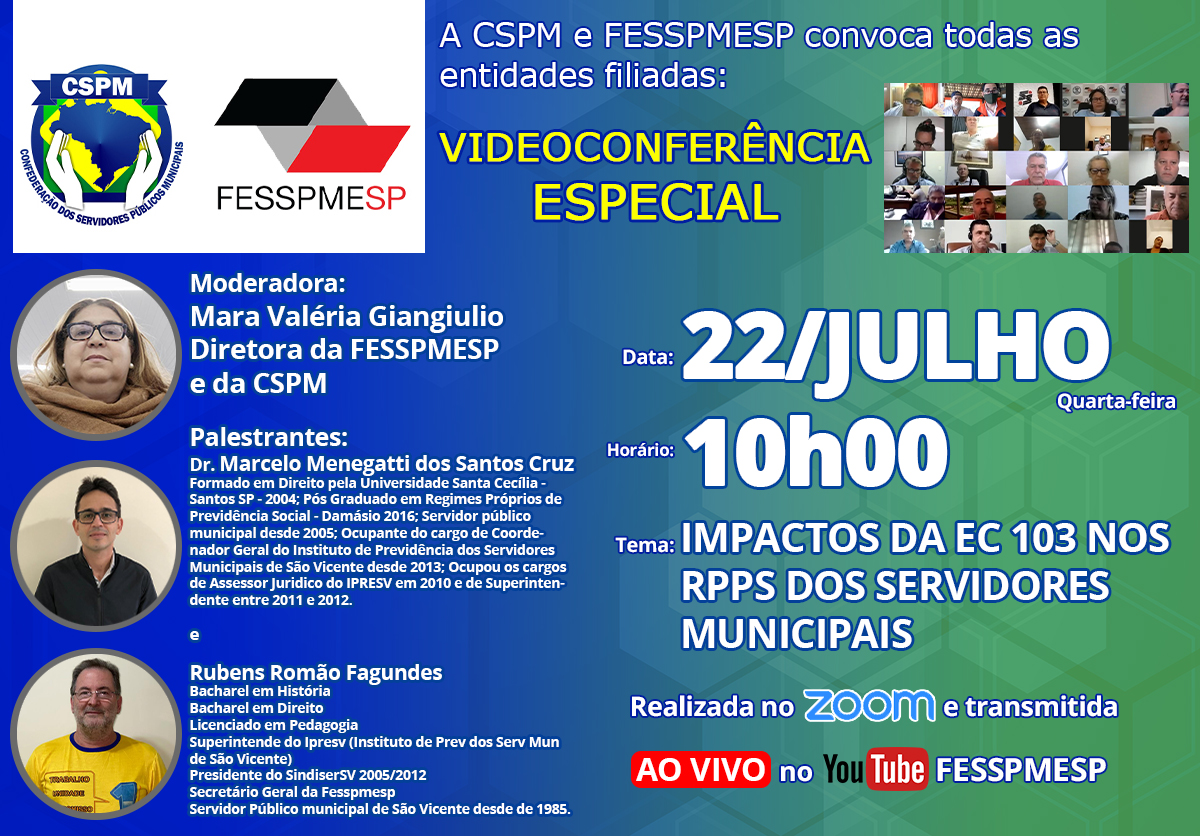 FESSPMESP divulga nova Videoconferência Especial com palestra sobre os Impactos da EC 103 nos RPPS dos Servidores Municipais