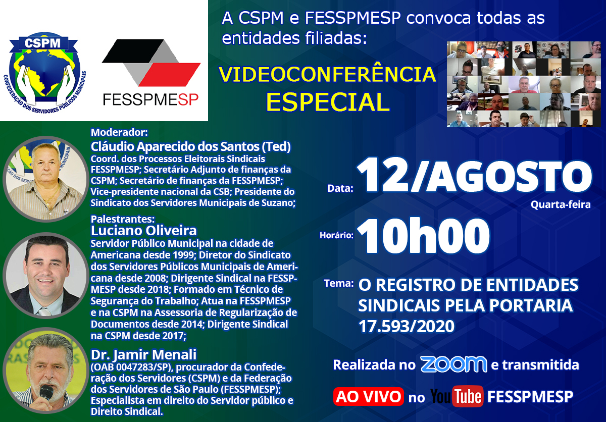 FESSPMESP divulga próxima Videoconferência Especial: O registro de entidades sindicais pela Portaria 17.593/2020