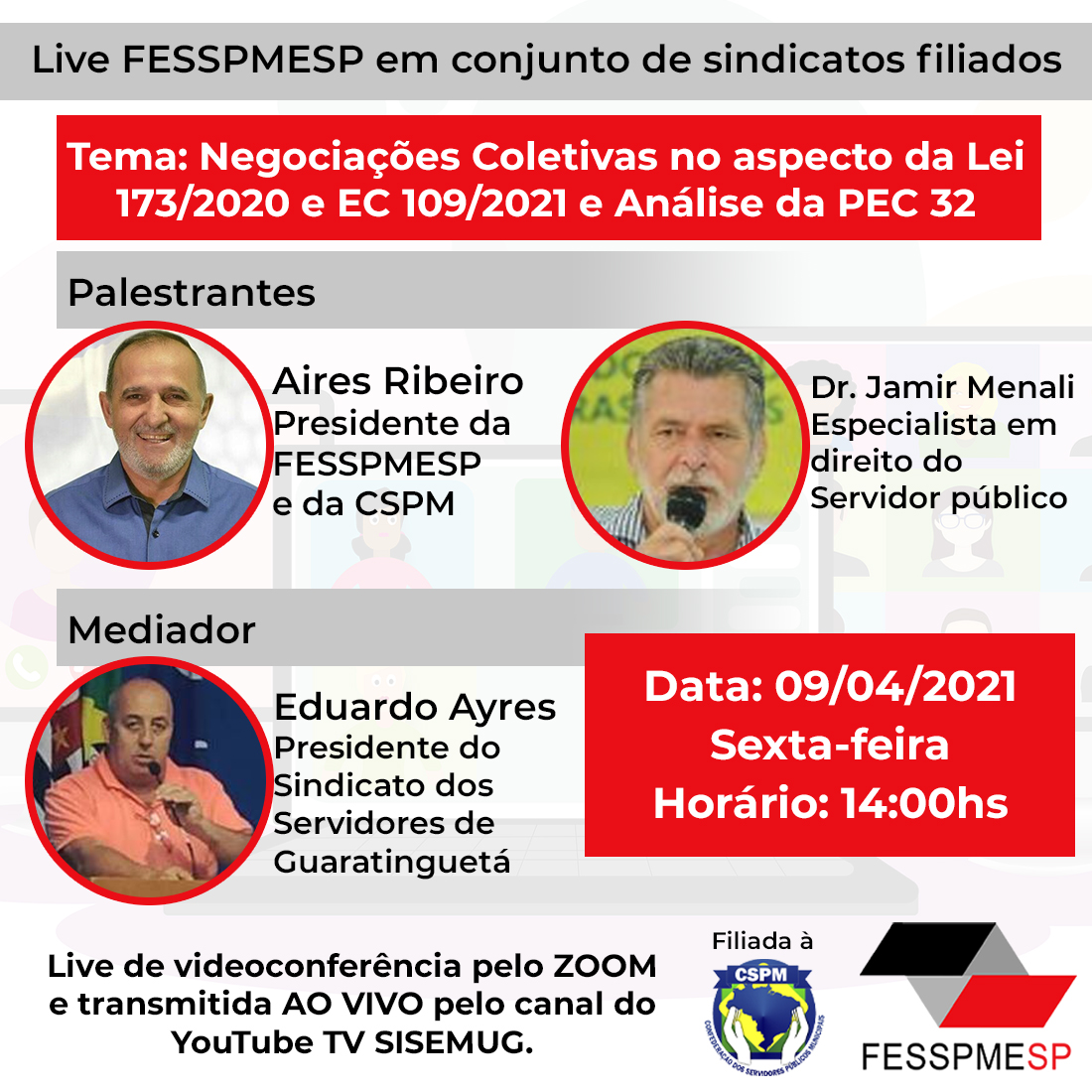 FESSPMESP realiza reunião online com transmissão ao vivo sobre Lei 173/2020, EC 109/2021 e PEC 32