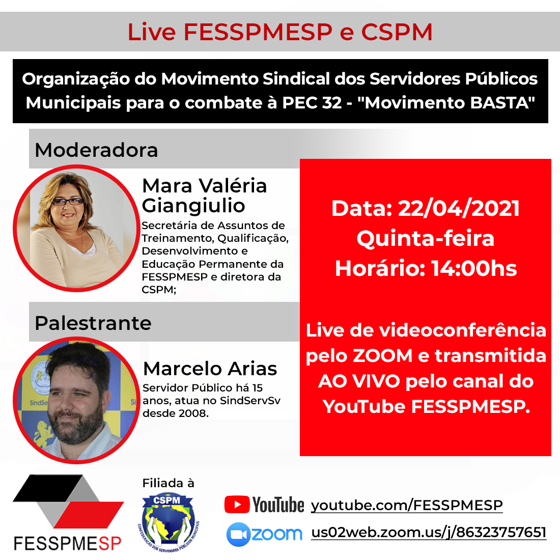 FESSPMESP realizará mais uma Live em conjunto da CSPM e seus filiados