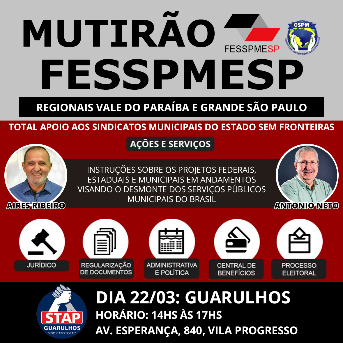 FESSPMESP divulga o próximo Mutirão presencial, dia 22/03 em Guarulhos