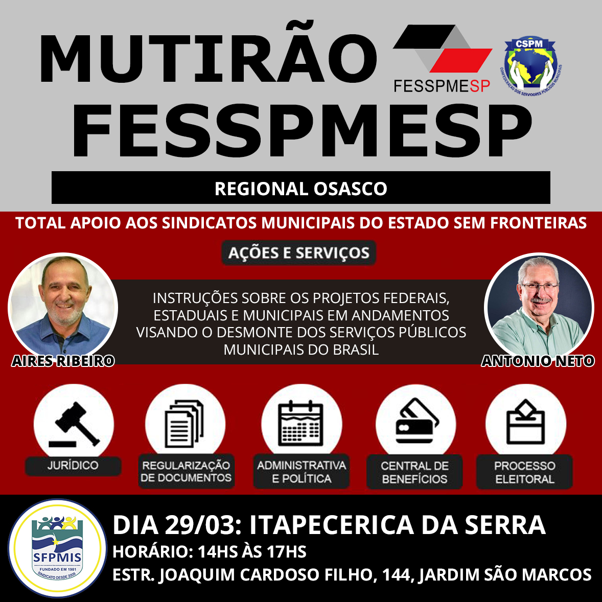 FESSPMESP divulga o próximo Mutirão presencial, dia 29/03 em Itapecerica da Serra