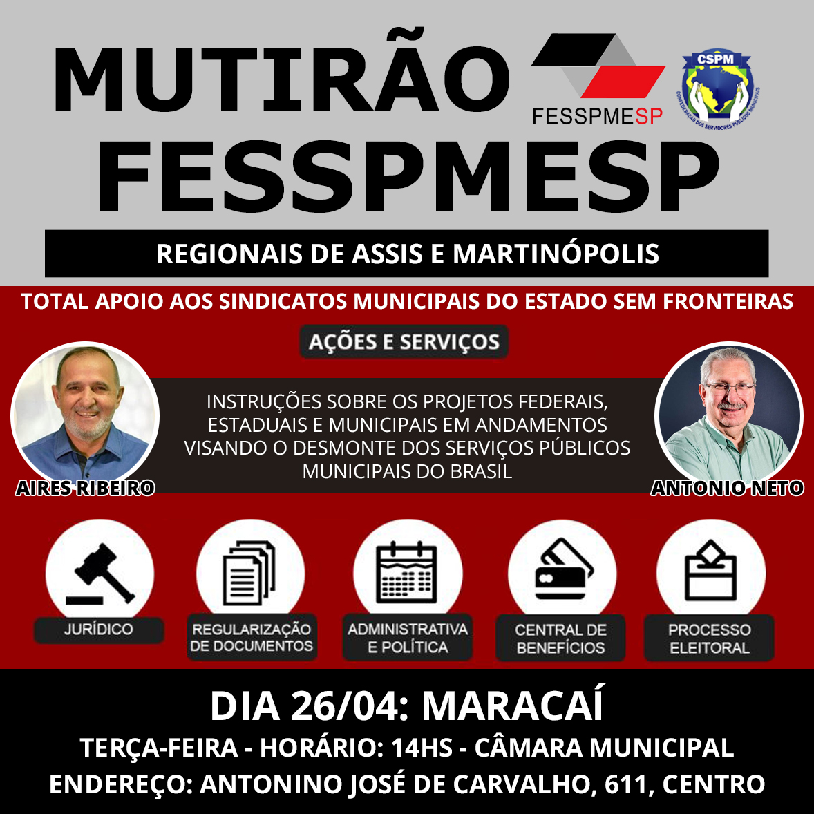 FESSPMESP divulga o próximo Mutirão presencial, dia 26/04 em Maracaí